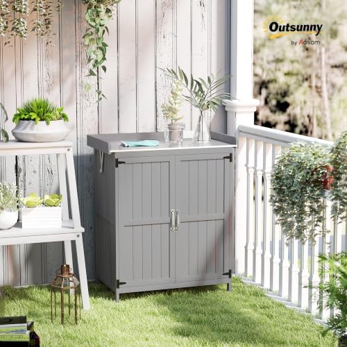 Outsunny Outdoor Storage Cabinet with Metal Tabletop Shelf Gray