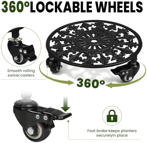 1 Pack 11" Heavy Duty Round Metal Plant Caddy with Wheels, Black