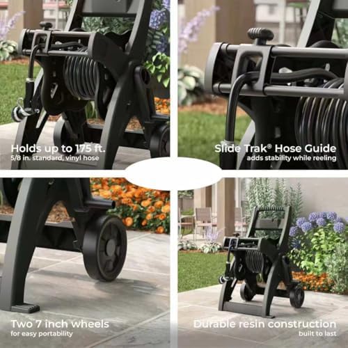 Garden Hose Reel Cart, Mobile Rolling Hose Storage, Gray, Heavy-Duty Resin, 175 ft Capacity, 7-inch Wheels, 24x20x32 inch (Black)