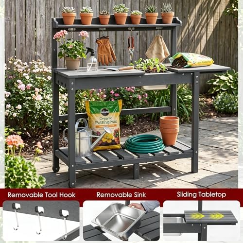 HDPE Outdoor Potting Bench with Sliding Tabletop & Removable Sink
