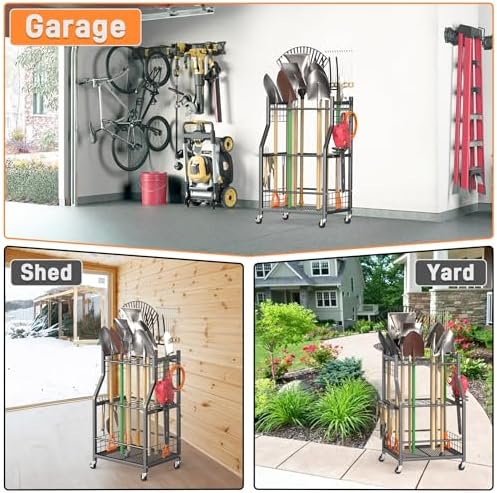 TORACK Garden Tool Organizer with Wheels, Rakes Shovels Yard Tools Stand
