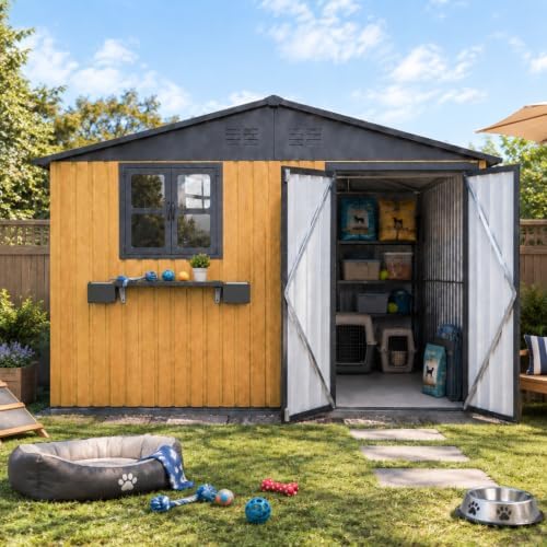 10x8 FT Metal Outdoor Storage Shed with Window & Flower Rack, Yellow