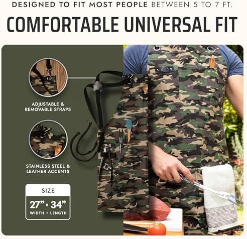 Asaya Chef and BBQ Apron with Bottle Opener and Hand Towel - 10oz Cotton Canvas, Stainless Steel Hardware - Cross Back Straps