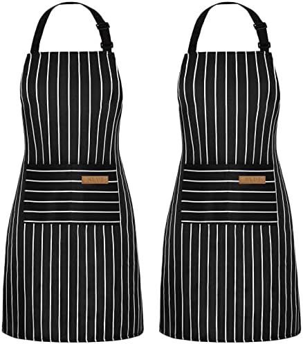 2 Pack Cooking Aprons for Women with Pockets Adjustable Kitchen Bib Aprons for Women Men Chef, Black/White Stripe (Classic Black/White Stripes)