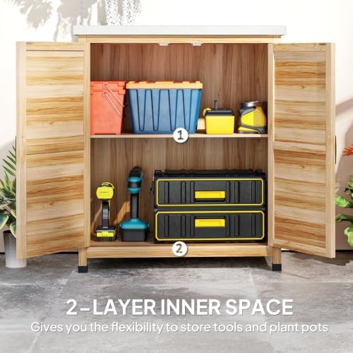 Outsunny Outdoor Storage Cabinet with Metal Tabletop Shelves Natural Wood