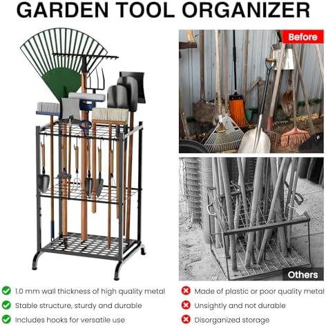 RANXFLOAT Garden Tool Organizer with Storage Hooks, Yard Tool Tower Rack for Garage Organization and Storage, Up to 35 Long-Handled Tools, Metal Tool Holder with 6 Hooks, Black