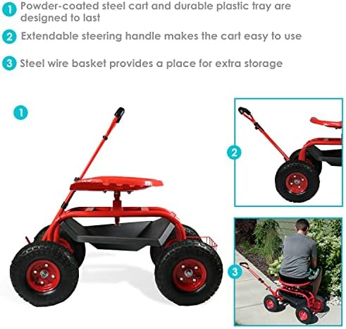Sunnydaze Garden Seat with Wheels and Adjustable Handle, Red