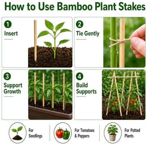 100 PCS 2FT Bamboo Plant Stakes, 6.3mm Thick Bamboo Stakes