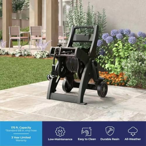 Garden Hose Reel Cart, Mobile Rolling Hose Storage, Gray, Heavy-Duty Resin, 175 ft Capacity, 7-inch Wheels, 24x20x32 inch (Black)