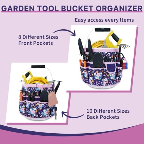 MELOTOUGH Bucket Caddy Organizer Bucket Tool Organizer for Garden Tools Fit 3.5 to 5 Gallon Bucket (Purple Flower)