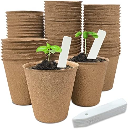 40Pcs 3.15 Inch Peat Pots, Biodegradable Eco-Friendly Round Plant Seedling Starters Kit, Seed Germination Trays with 10 Labels for Flower Vegetable Tomato Saplings & Herb Germination, Khaki