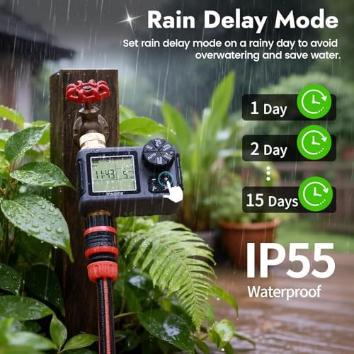 Water Timer for Garden Hose with 100% Metal Pipe, Programmable Sprinkler Controller for Garden Faucet with Auto/Manual/Rain Delay Mode, Irrigation Timers for Lawn, Yard, Outdoor Plants