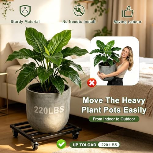 2 Pack Square Plant Caddy with Wheels 12 Inch Heavy Duty Metal Rolling Plant Stand Plant Saucer with Lockable 360° Casters, Planter Dolly Pot Mover Holds 220LBS,Includes 3pcs Garden Tool Set