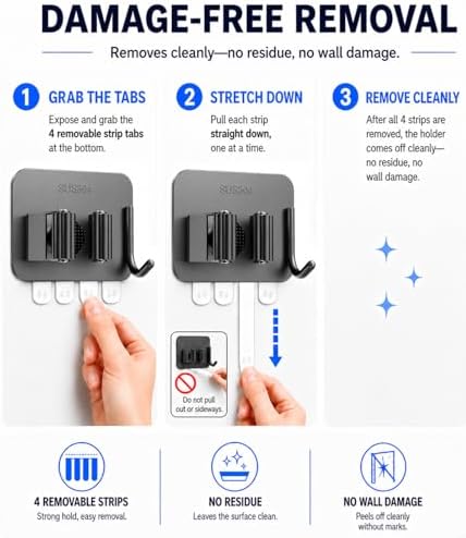 6Pcs Broom Holder Wall Mount With Hooks, Damage-Free Broom And Mop Organizer Wall Hanging, Heavy Duty Self Adhesive Broom Hanger Clips Storage Rack For Garden, Laundry Room Tools, SUS 304, Matte Black