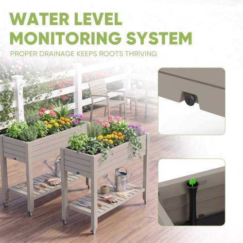 2 Outdoor Patio Raised Garden Bed Elevated Planter Box Resin Plant Stand Gardening with Storage Shelf Legs Wheels Drainage Water Gauge,Grey