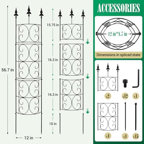 2 Pack 56.7'' H x 12'' W Garden Trellis for Climbing Plants Outdoor, Rustproof Metal Garden Flower Trellis, Rose Trellis for Outdoor Indoor Climbing Plants Clematis Vines Flowers Potted Plants, Tomato