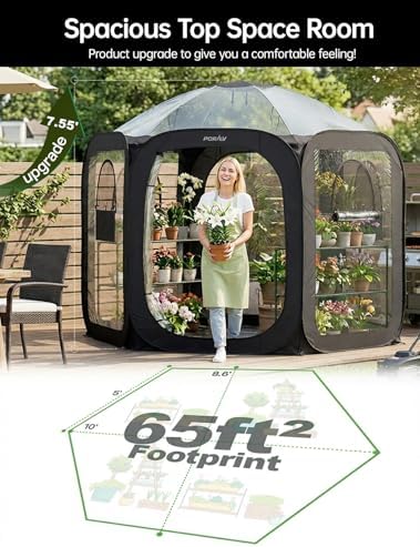 Porayhut Pop Up Greenhouse Tent,Portable Large Walk-in Plant House 10’X10’ ,Indoor Outdoor Gardening Plant Sunshine Room with PVC Mesh Cloth Cover for Protecting Plant from Cold Frost & Birds