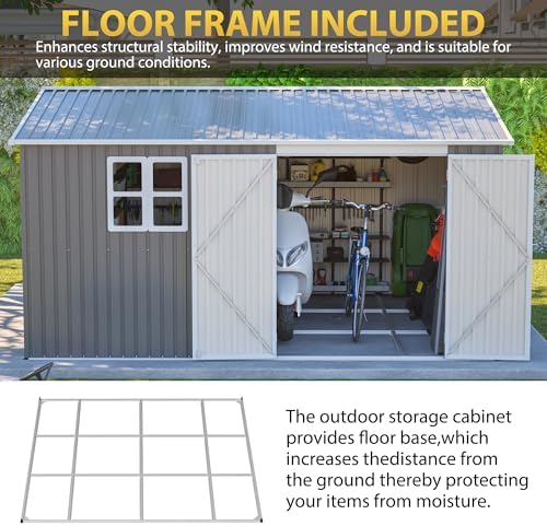 YOPTO 12x10 FT Outdoor Storage Shed, Large Metal Garden Tool Shed with Updated Frame Structure,Lockable Doors and Window,Ideal for Backyard Garden Patio Lawn, Grey