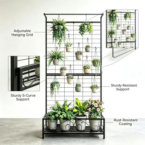 Zhongma Metal Planter with Trellis Raised Bed with Trellis for Vine Climbing Plants Flowers(12.8 x 35.43 x 74 in), 74 Inch Height Privacy Screen with Hanging Plant Pot Shelf