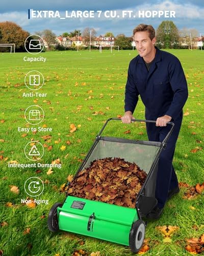 26-Inch Lawn Sweeper, 198L Extra-Large Collection Bag, 4 High-Speed Rotating Brushes, Adjustable Height Settings, Easy Leaf, Grass & Debris Cleanup for Lawns, Driveways, Patios & Artificial Turf