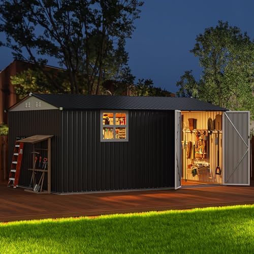 WKM 10x14 FT Outdoor Storage Metal Shed with Window, Black