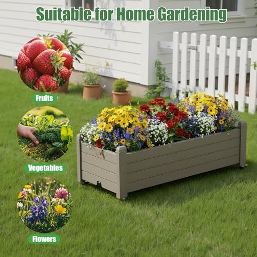 Raised Garden Bed with Wheels, Resin Planter Box with Drain Hole and Water Level Detector, Herb Planter for Garden Patio Backyard, Gray(13.3" H)