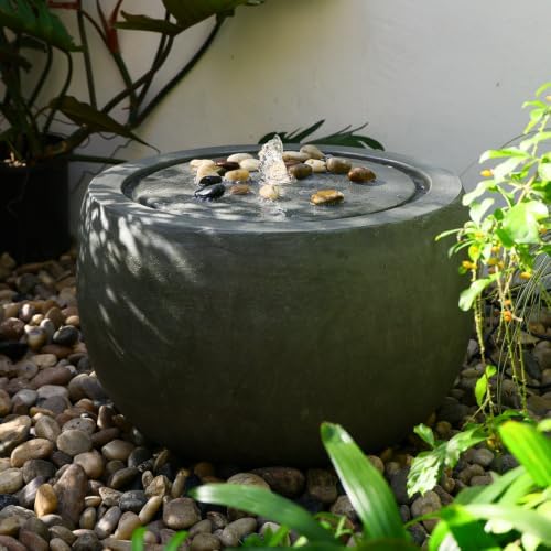 Medium Round Bubbler Waterfall Fountain with LED Lights, Gray