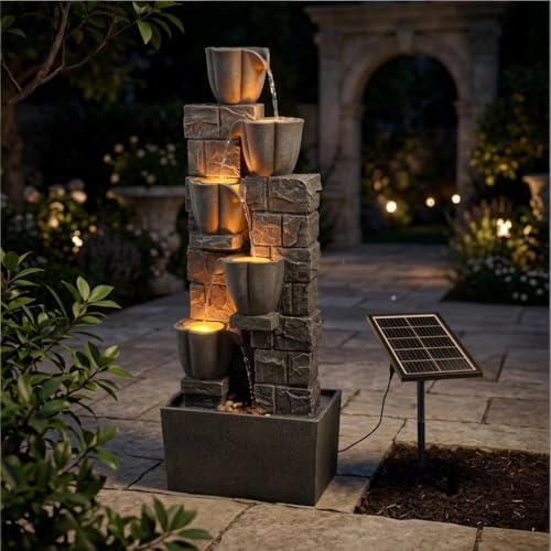 Solar Powered Water Fountain Outdoor, 38.2 Inch Tall 4 Tiers Tulip Waterfall Fountain with LED Lights, Grey Decorative Natural Water Feature Ornament for Garden, Patio, Lawn Yard Landscape