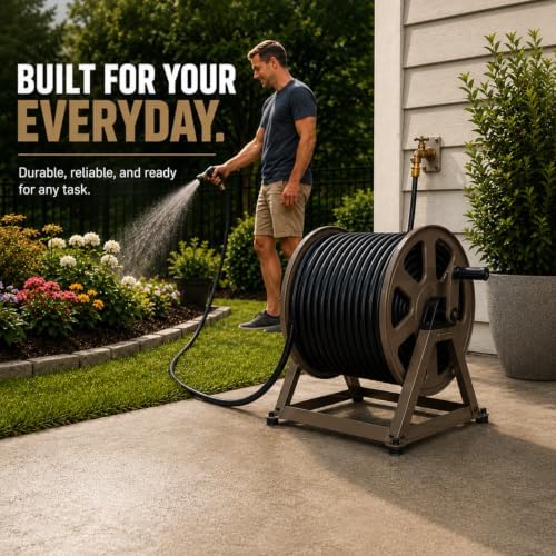 Dual Floor and Wall Mounted Garden Hose Reel, Holds 200ft of Water Hose, Heavy Duty Metal Hose Reel, Space Saving Hose Reel Organizer for Yard, Garage & Shed (Brown)