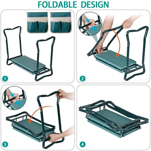 8" Wide Garden Kneeler Seat, Folding Garden Bench Stool with Two Tool Multi-use Pouches, Heavy Duty Yard Gardening Chair with Soft Kneeling Pad, Green