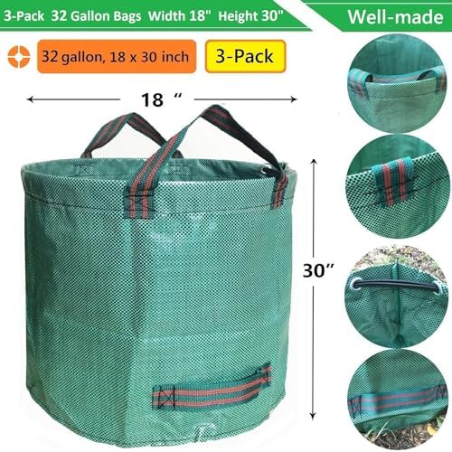 Standard 3-Pack 32 Gallon Lawn Garden Bags (D18,H30 inch) Yard Waste Bags with Gardening Gloves - Reusable Leaf Bags,Yard Debris,Trash Container,Plant Trimmings Bag,Grass Clippings,Weeds Bag 4 Handles