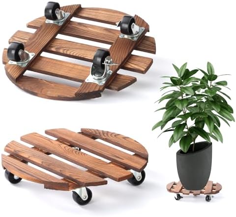 2 Pack 12" Plant Caddy with Wheels, Rolling Plant Stand 220 LB Heavy Duty Wooden Round Plant Dolly with Metal 360° Lockable Caster Wheels for Outdoor Indoor Large Plant Pots, Flower Pot, Patio