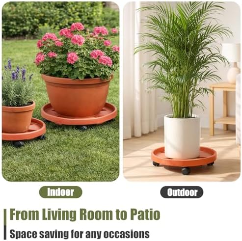 4-pack 16" Extra-large Plant Caddy with Wheels Plastic Plant Dolly with Casters Flower Pot Mover Rollers Wheeled Rolling Plant Stand Round Plant Saucer Indoor Outdoor Base Coasters, Terracotta red