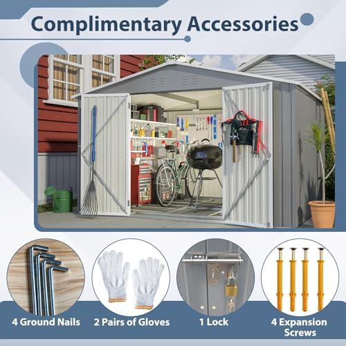 Storage Shed 10x8 FT, Large Metal Tool Shed for Outdoor Storage, Galvanized Steel Garden Shed with Floor & Lockable Doors for Patio, Backyard, Lawn, Grey
