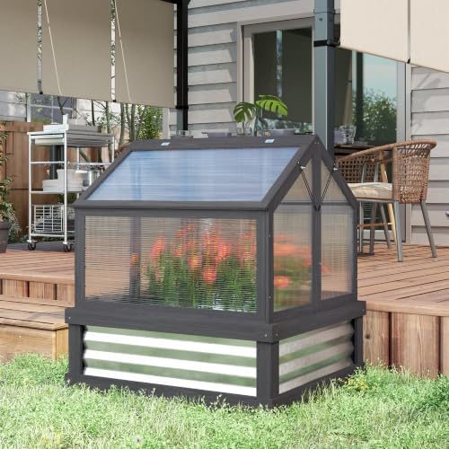 Outsunny Wooden Raised Garden Bed with Polycarbonate Greenhouse, Gray