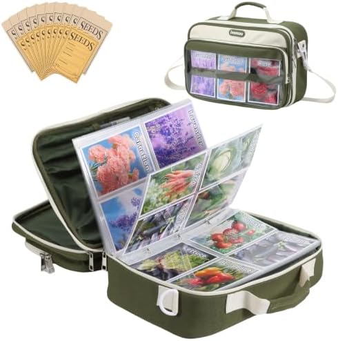 Seed Storage Organizer for Gardeners, Front Pocket for Quick Seed Access, 3-Ring Binder with 30 Pages (Holds 120 Packs) + 20 Refillable Envelopes, Seed Packets for Gardening Tools, （Green）