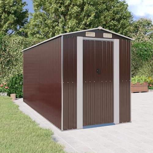 Gecheer Large Galvanized Steel Garden Shed 6.3x14.4x7.3ft, Dark Brown Outdoor Storage House with Sliding Door & Vent for Lawn Mower, Pool Equipment, Tools and Garden Accessories