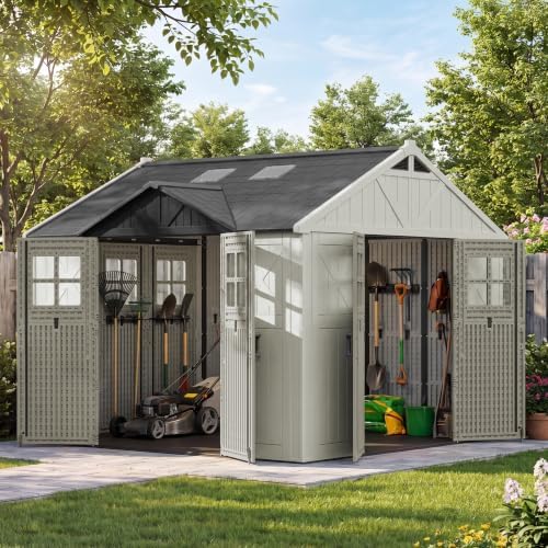 Patiowell 10x10 FT Resin Outdoor Storage Shed with Floor & 3 Lockable Doors