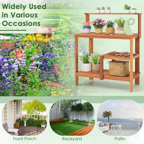 Happygrill Potting Bench Table, Outdoor Wood Work Bench with Storage