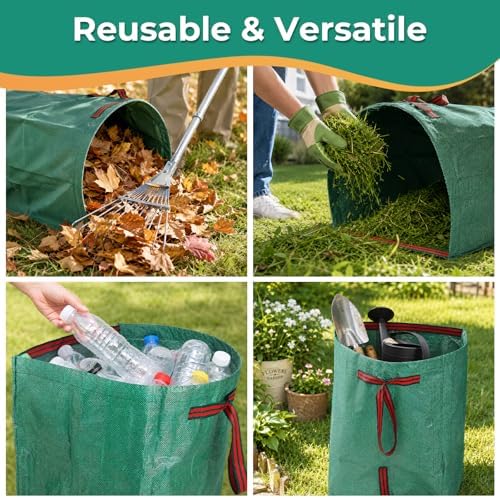 3 Pack 53 Gallon Reusable Yard Waste Bags, Dustpan-Type Leaf Collector Bag, Collapsible Heavy Duty Leaf Bags, Standable Garden Waste Bags for Collecting Leaves, Lawn Grass, Clippings and Branches