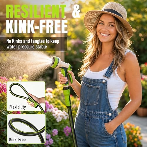 Garden Hose 50ft x 5/8", Heavy Duty Water Hose, Flexible and Durable, Kink Resistant Lightweight Hybrid Hose, Leakproof Yard Hose with Male to Female Fittings