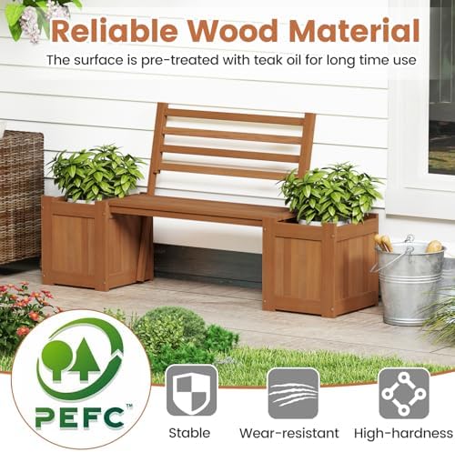 GIANTEX Set of 2 Outdoor Bench with Backrest, Wood Raised Garden Bed w/Open Base, Weather-Resistant Square Deep Planter Boxes for Flowers Fruit Vegetable, Bench Seat for Porch Yard Balcony Lawn