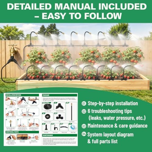 Riboud 110Ft Drip Irrigation System, 2026-Upgrade Garden Watering Kit with 16 Adjustable Copper Rotating Arm Nozzles, 360° Flexible Spray Irrigation Kit for Raised Beds, Lawn, Greenhouse