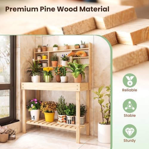 HAPPYGRILL Potting Bench Table, 60” Wood Garden Work Bench with Storage