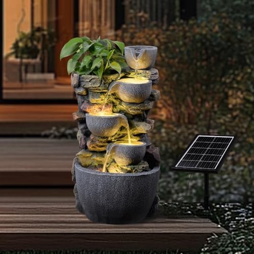 24'' Stacked Rock Solar Powered Water Fountain, Outdoor DIY Planter Pot Waterfall Fountain with LED Lights, Water Feature Landscape Decor for Garden, Patio, Backyard, Home Decoration