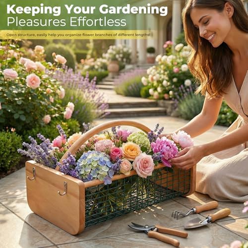 Garden Hod Harvest Basket - Durable Wooden Harvesting Basket with Metal Mesh for Vegetable Picking and Gathering, Harvest Thanksgiving Gardening Gifts, Outdoor Farmhouse Picking Picnic