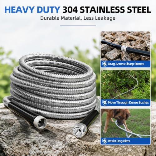 SPECILITE 5/8" 304 Stainless Steel Metal Garden Hose 50FT with Blue Nozzle