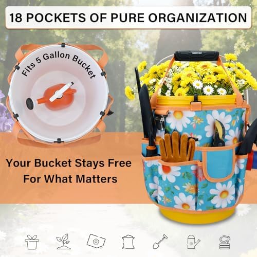 KUNN 5 Gallon Bucket Organizer 18-Pocket Tool Bag with Hangable Handle | Heavy-Duty Garden Caddy & Bucket Accessory for Gardening Tools, Orange