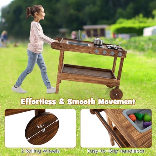 HONEY JOY Mud Kitchen with Wheels - Fir Wood Outdoor Play Kitchen for Toddlers, Garden Sink, Stoves, Storage Shelf, Kids Outdoor Backyard Kitchen Playset