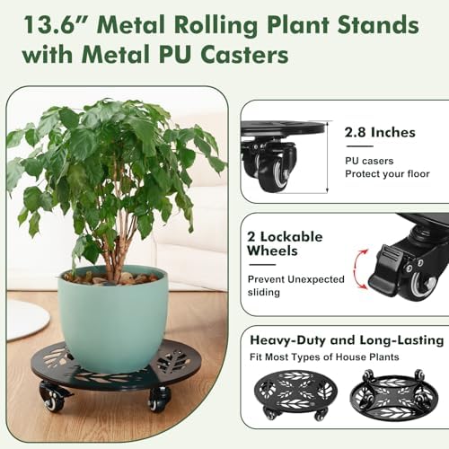 Planterhoma 2 Packs 12 Inch Rolling Plant Stand with Wheels Metal Plant Caddy with Wheels Heavy Duty Plant Rollers with Metal Wheels Round Wrought Iron Plant Stand with Clear Saucers, Glossy Black
